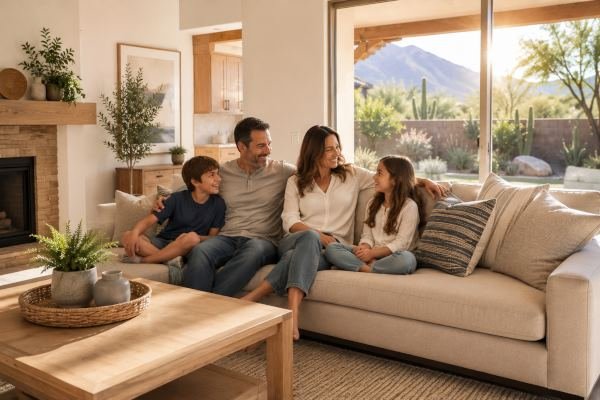 Dryout Masters Water Damage Restoration Emergency Water Extraction Mold Removal Sewage Cleanup Phoenix Paradise Valley Mesa Chandler Tempe Scottsdale Az Happy Family Restored Living Room Mountain